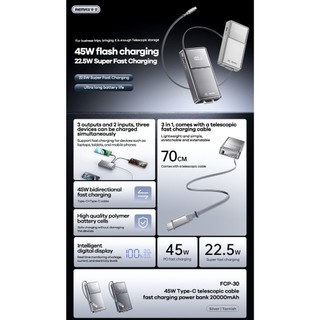 Pin Dự Phòng Remax FCP-30 20.000mAh Cổng TypeC và Cáp TypeC In/Out 45W, USB-A Out 22.5W, Màn hình hiển thị thông số