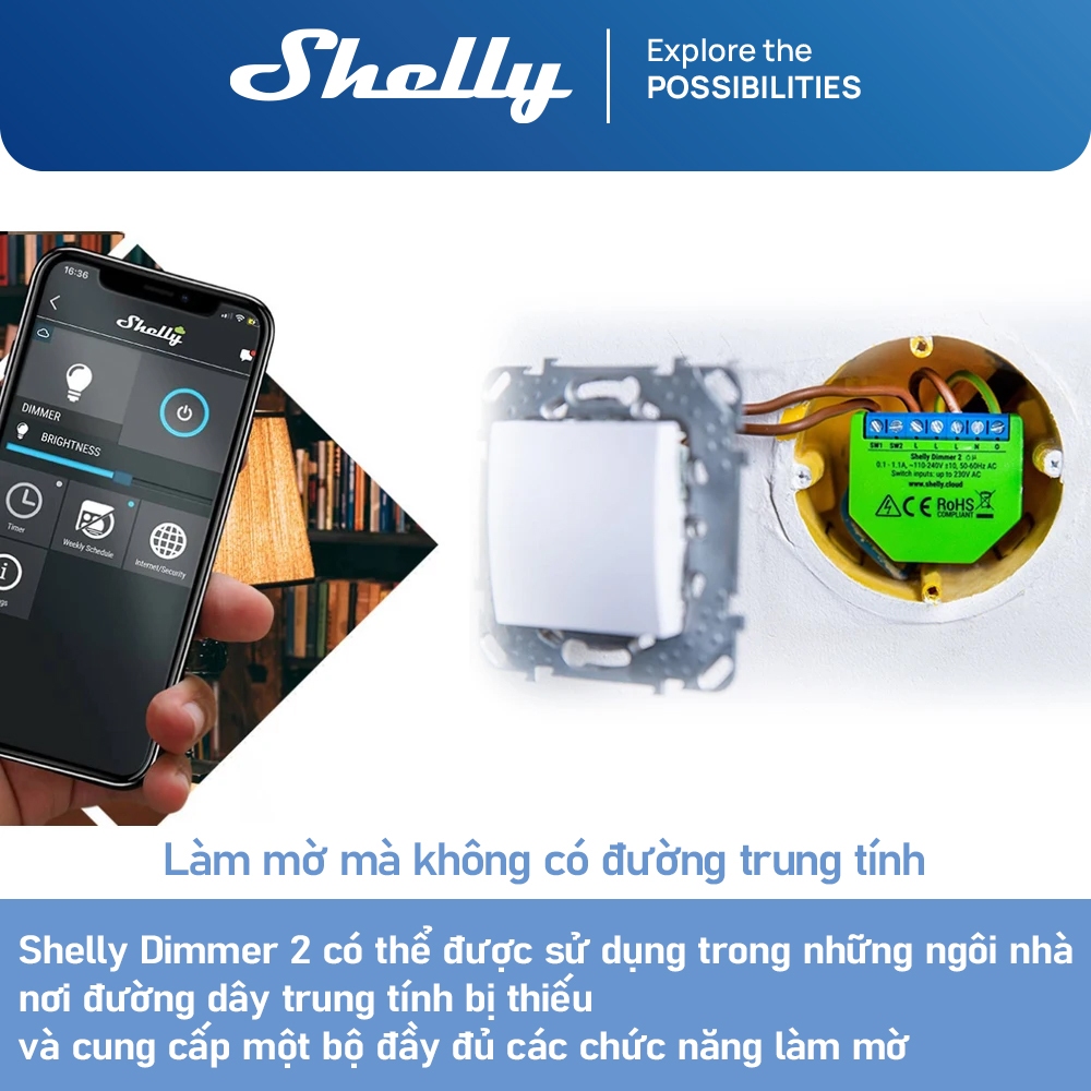 Shelly Dimmer 2 Bộ điều chỉnh độ sáng WiFi thông minh  Không cần dây trung tính, Hệ thống tự động hóa gia đình