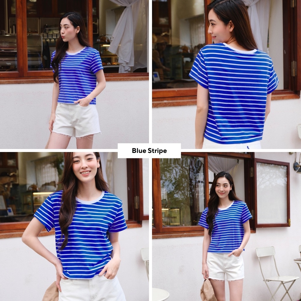 TheBlueTshirt - Áo thun dạng sọc phom croptop tay ngắn cổ tròn cho nữ - Everyday Tee - Women