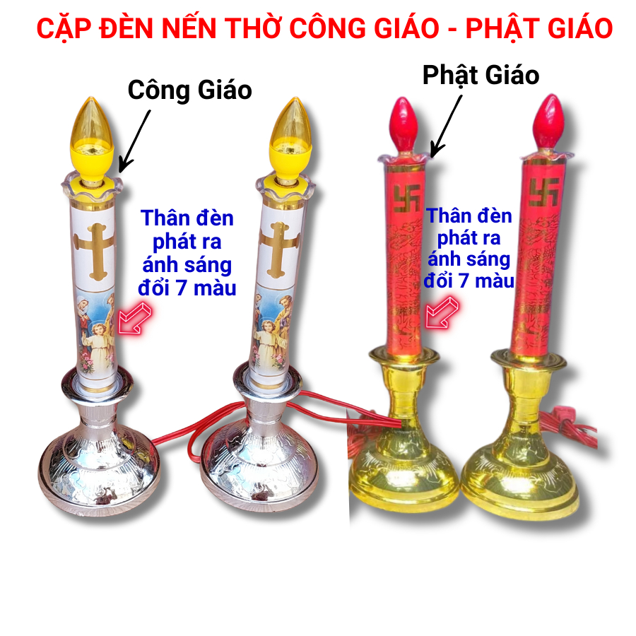 Cặp Đèn Nến để Bàn thờ Công Giáo - Phật Giáo  LED 7 màu nhiều kích thước ĐÃ BAO GỒM BÓNG ĐÈN
