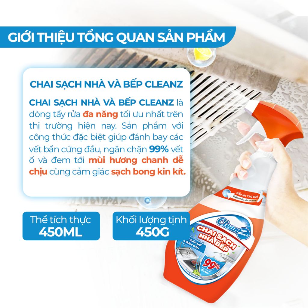 Ảnh Chai Sạch Nhà Bếp Cleanz Làm Sạch Dầu Mỡ, Vết Ố Vàng, Thơm Mùi Chanh Dịu Nhẹ Dung Tích 450ml 3