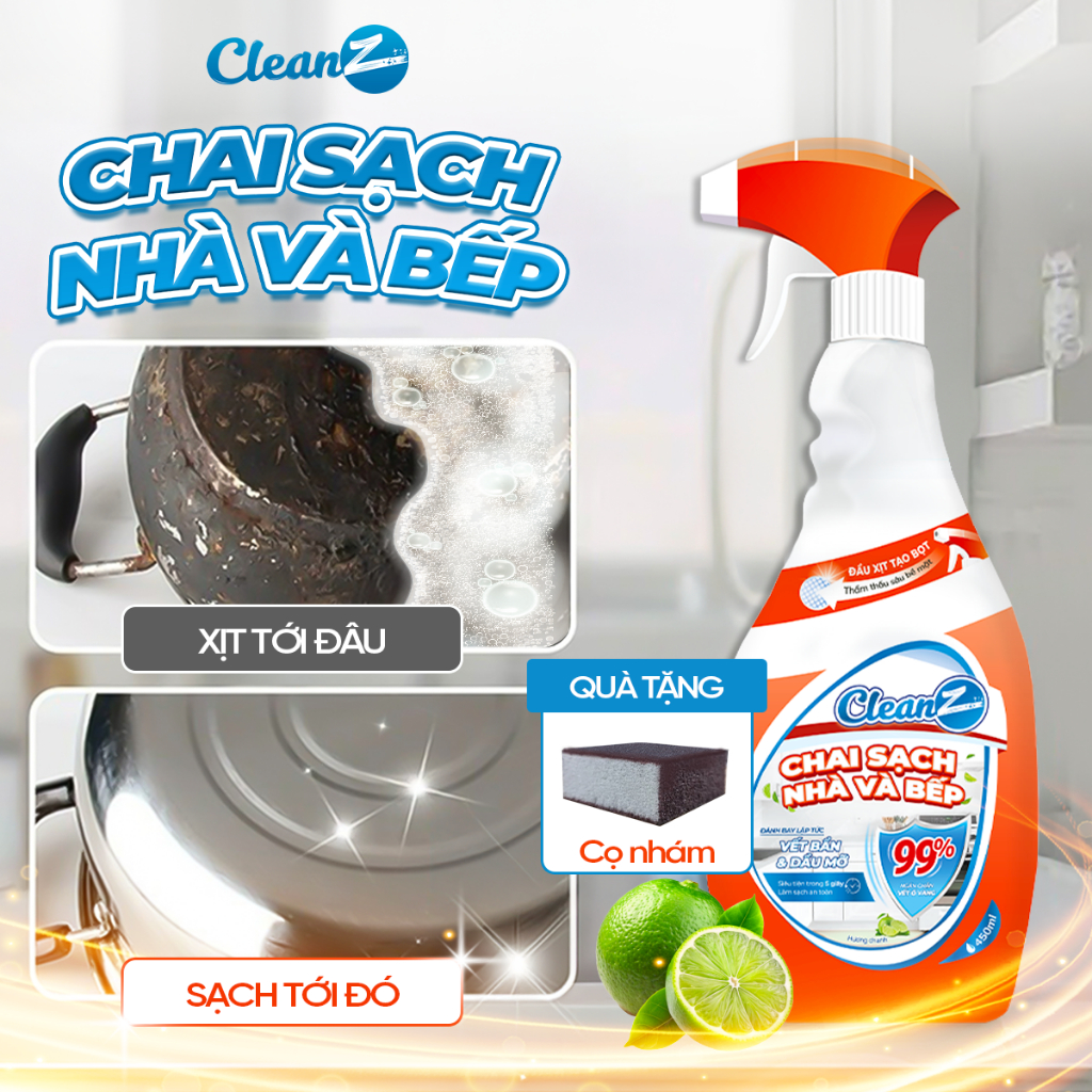 Ảnh Chai Sạch Nhà Bếp Cleanz Làm Sạch Dầu Mỡ, Vết Ố Vàng, Thơm Mùi Chanh Dịu Nhẹ Dung Tích 450ml 2