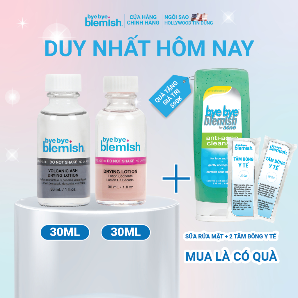 Ảnh Combo Chấm Mụn Giảm Mụn Viêm, Mụn Đầu Đen Da Nhạy Cảm Bye Bye Blemish Original & Volcanic Ash Drying Lotion 30ml 1