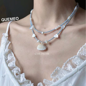 SET Vòng cổ vòng tay Vỏ Sò tự nhiên CHUNCHI QUEMEO mùa hè đi biển Boho phối hạt tròn mài sò sáng lấp lánh tone xanh