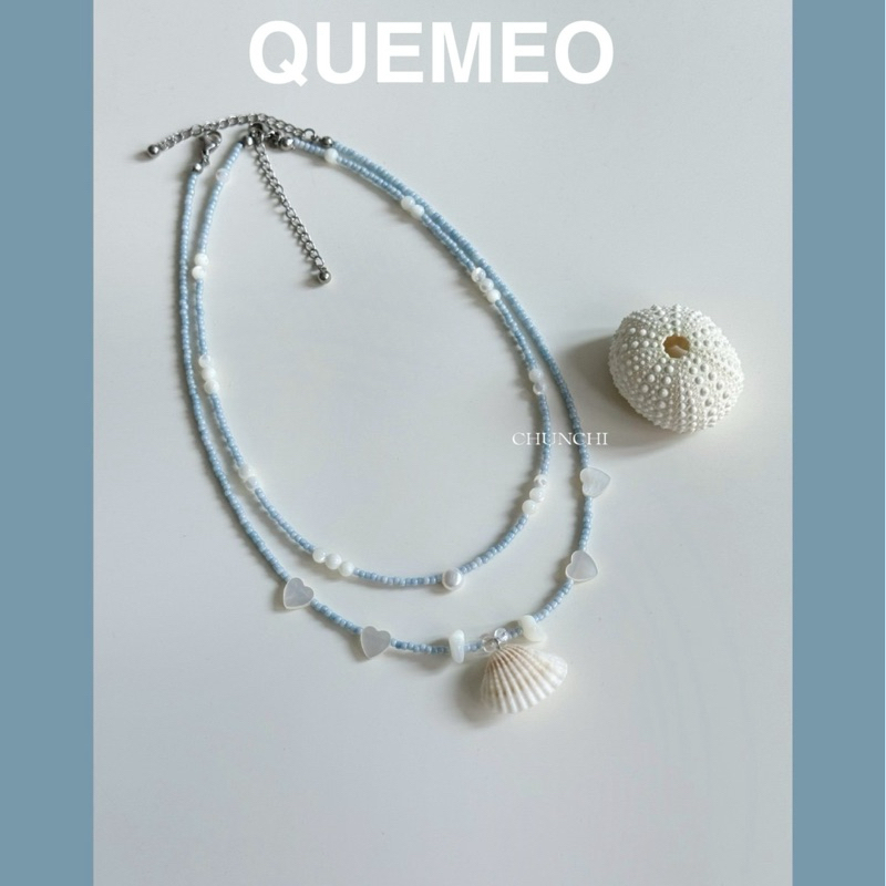 SET Vòng cổ vòng tay Vỏ Sò tự nhiên CHUNCHI QUEMEO mùa hè đi biển Boho phối hạt tròn mài sò sáng lấp lánh tone xanh