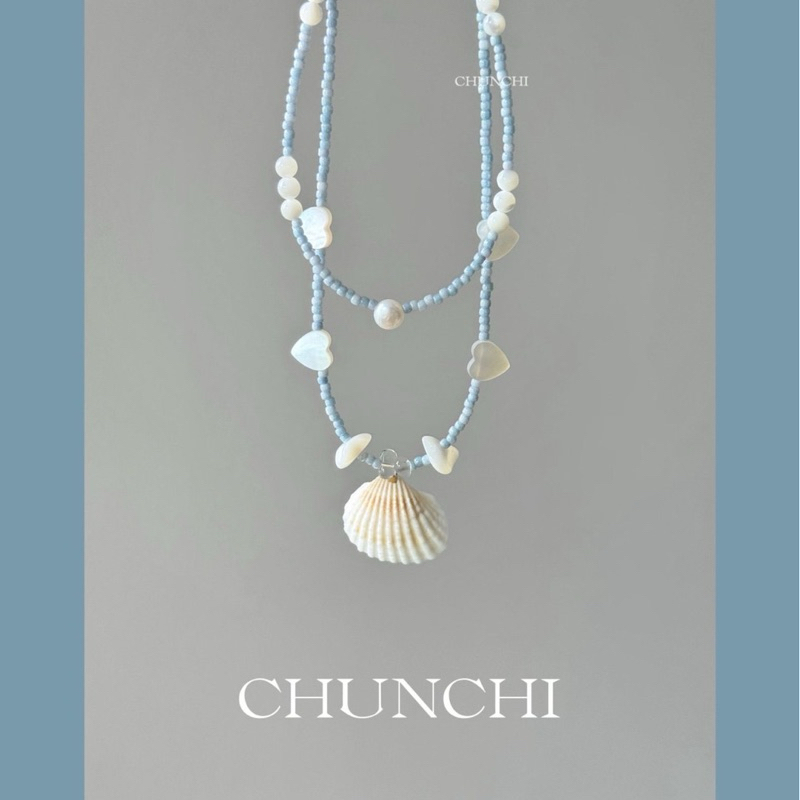 SET Vòng cổ vòng tay Vỏ Sò tự nhiên CHUNCHI QUEMEO mùa hè đi biển Boho phối hạt tròn mài sò sáng lấp lánh tone xanh