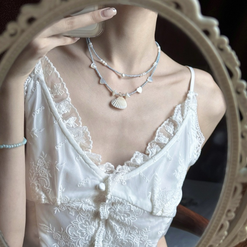 SET Vòng cổ vòng tay Vỏ Sò tự nhiên CHUNCHI QUEMEO mùa hè đi biển Boho phối hạt tròn mài sò sáng lấp lánh tone xanh