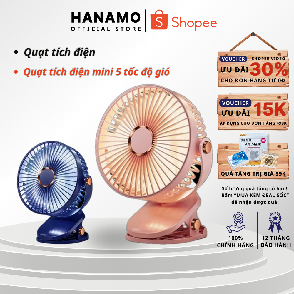Quạt tích điện mini 5 tốc độ gió có đèn led, quạt kẹp Tobe - Clip fan, quạt để bàn nhỏ gọn pin 10000mAh (LOẠI VỪA)