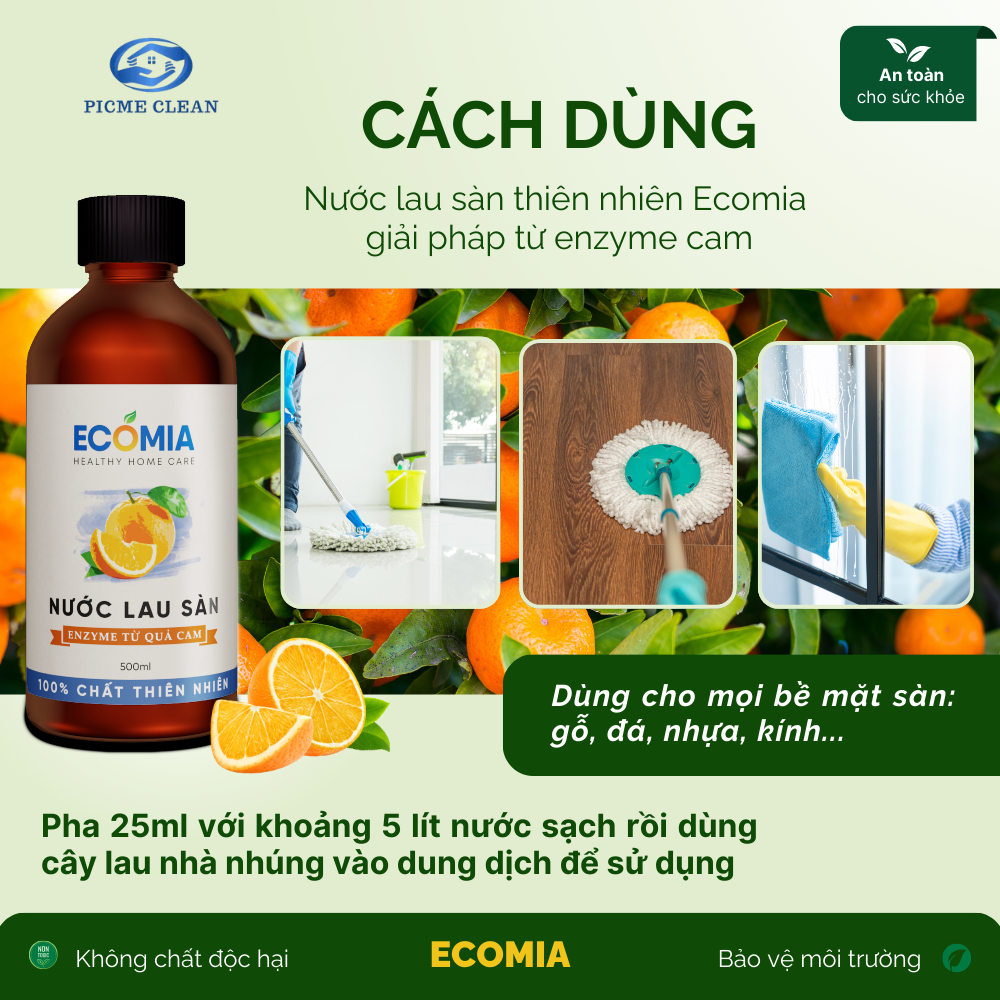 Nước Lau Sàn Sinh Học ECOMIA Làm Sạch, Đuổi Côn Trùng, Công Nghệ Enzyme Từ Quả Cam