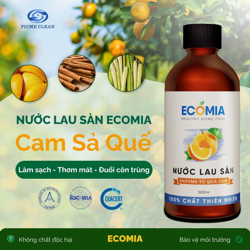 Nước Lau Sàn Sinh Học ECOMIA Làm Sạch, Đuổi Côn Trùng, Công Nghệ Enzyme Từ Quả Cam