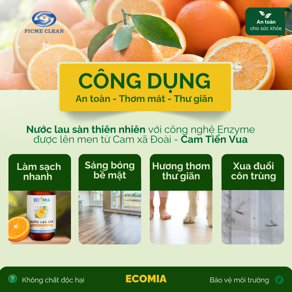 Nước Lau Sàn Sinh Học ECOMIA Làm Sạch, Đuổi Côn Trùng, Công Nghệ Enzyme Từ Quả Cam