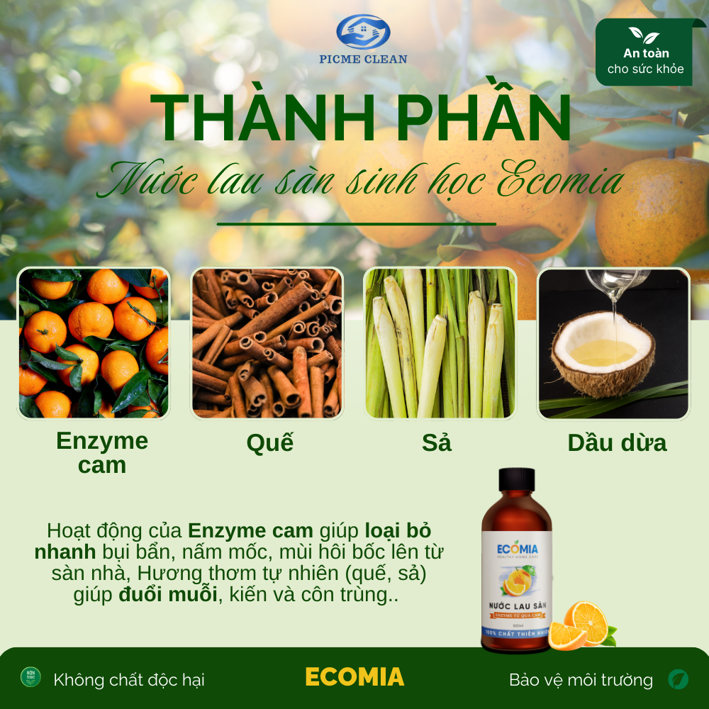 Nước Lau Sàn Sinh Học ECOMIA Làm Sạch, Đuổi Côn Trùng, Công Nghệ Enzyme Từ Quả Cam