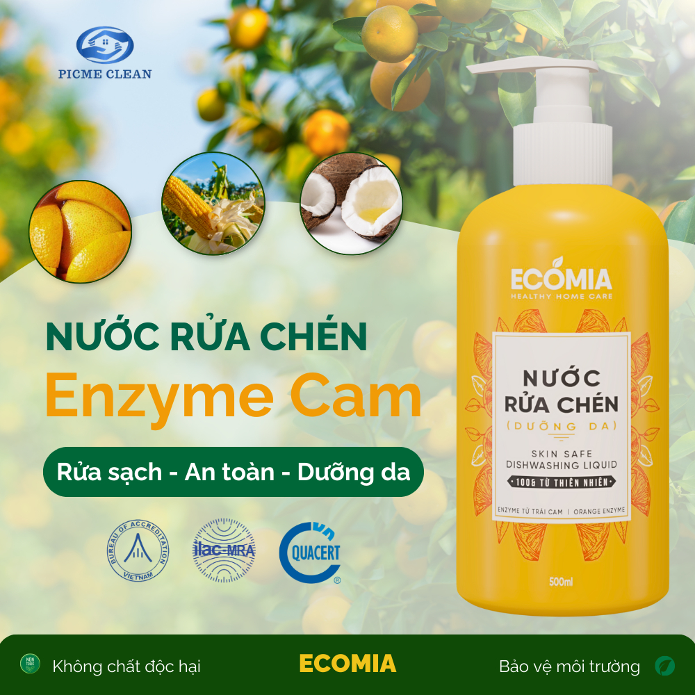 Nước Rửa Chén Sinh Học ECOMIA 500ml Sạch Nhanh, An Toàn, Công Nghệ Enzyme Từ Quả Cam