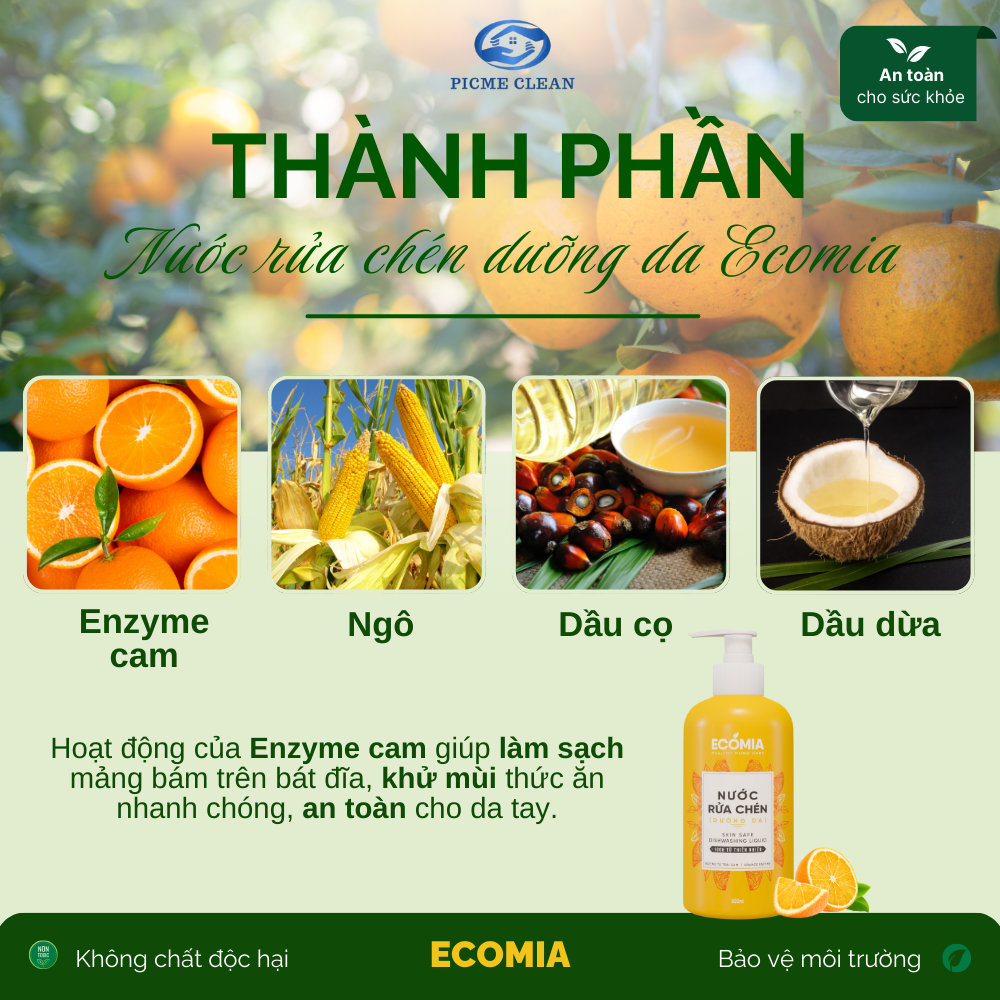 Nước Rửa Chén Sinh Học ECOMIA 500ml Sạch Nhanh, An Toàn, Công Nghệ Enzyme Từ Quả Cam