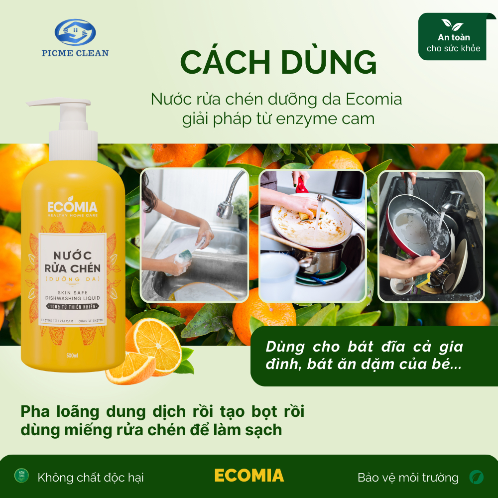 Nước Rửa Chén Sinh Học ECOMIA 500ml Sạch Nhanh, An Toàn, Công Nghệ Enzyme Từ Quả Cam