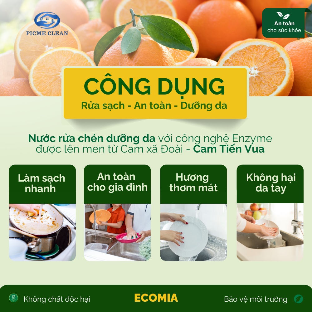 Nước Rửa Chén Sinh Học ECOMIA 500ml Sạch Nhanh, An Toàn, Công Nghệ Enzyme Từ Quả Cam