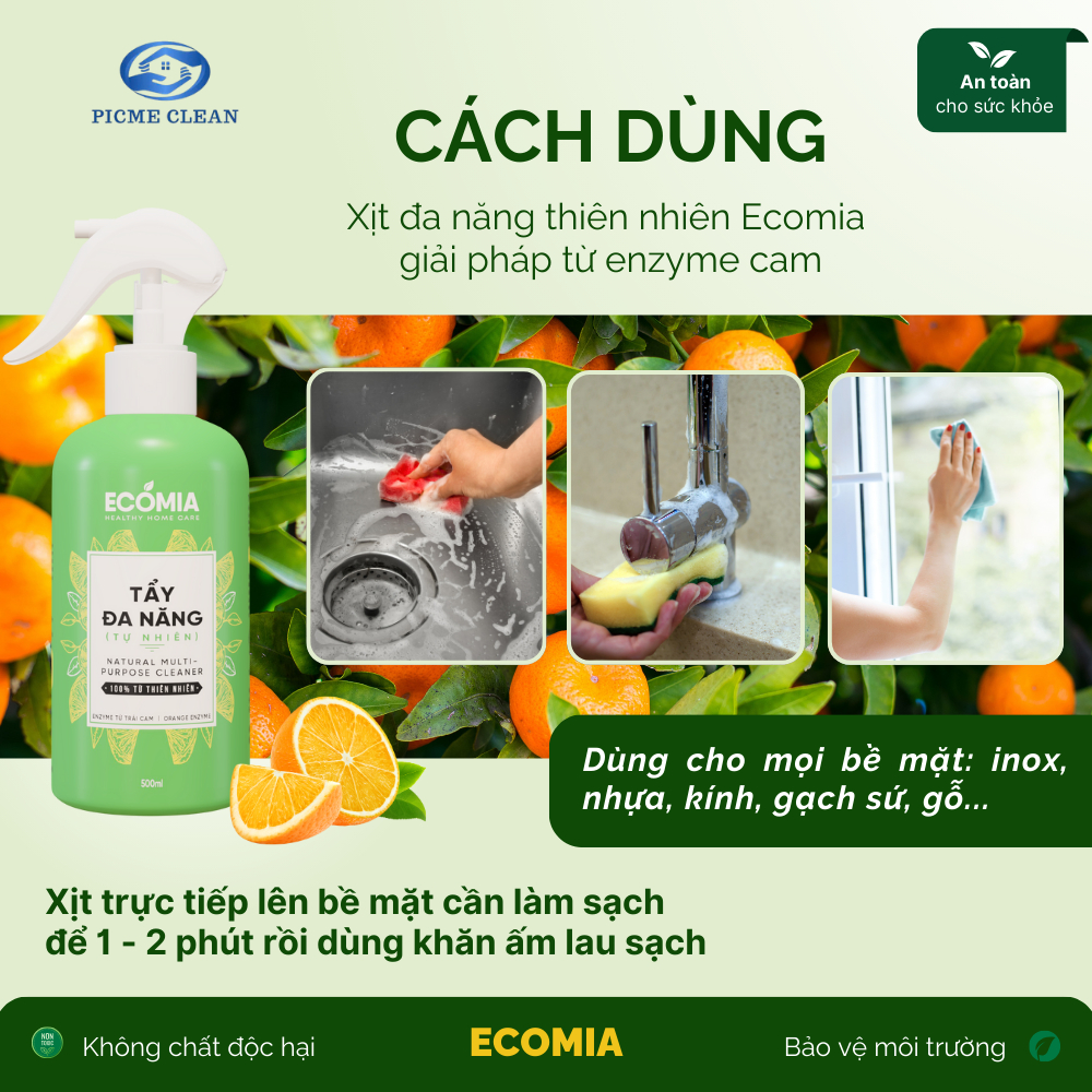 Chai Xịt Làm Sạch Nhà Và Bếp Đa Năng ECOMIA Tẩy Dầu Mỡ, Tẩy Ố Vàng, Làm Sạch Bếp, Bồn Rửa, Gạch Men