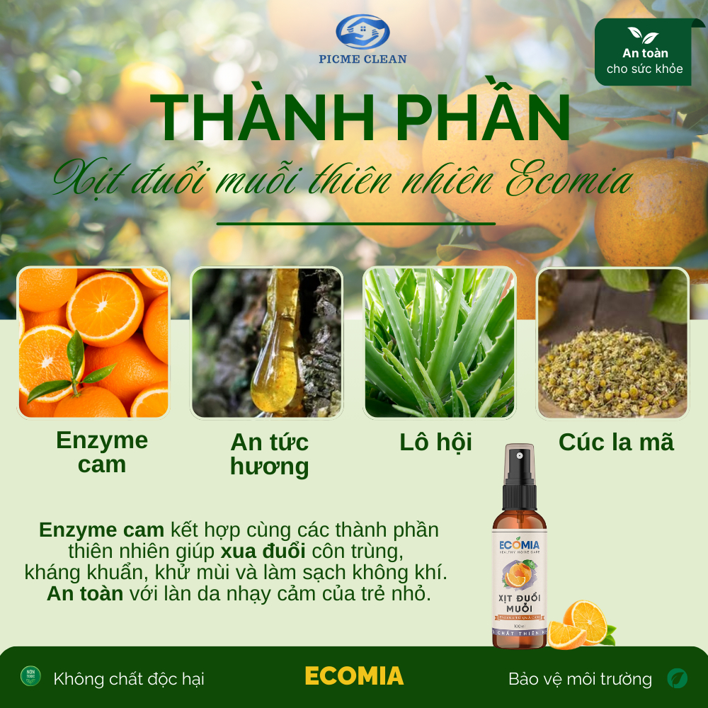 Xịt Đuổi Muỗi Sinh Học ECOMIA Chai 100ml An Toàn Cho Bà Bầu, Trẻ Nhỏ, Công Nghệ Emzyme Từ Quả Cam