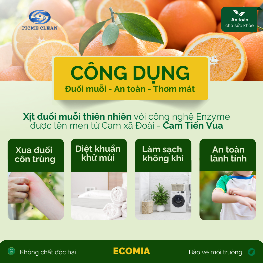 Xịt Đuổi Muỗi Sinh Học ECOMIA Chai 100ml An Toàn Cho Bà Bầu, Trẻ Nhỏ, Công Nghệ Emzyme Từ Quả Cam