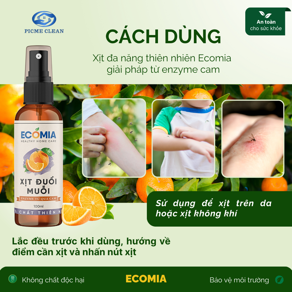 Xịt Đuổi Muỗi Sinh Học ECOMIA Chai 100ml An Toàn Cho Bà Bầu, Trẻ Nhỏ, Công Nghệ Emzyme Từ Quả Cam