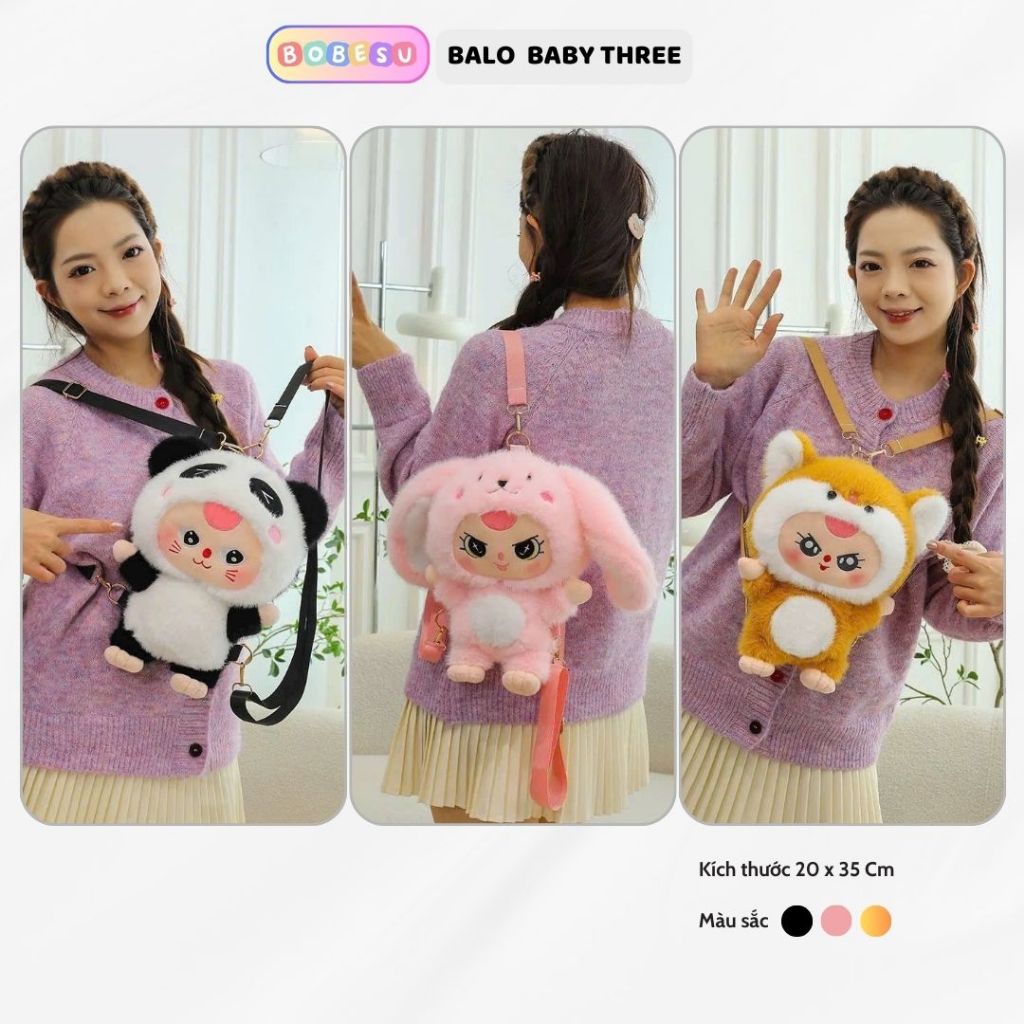 Balo bé ba v3 thỏ 1000% túi đeo gấu bông chất liệu vải lông chồn kim cao cấp