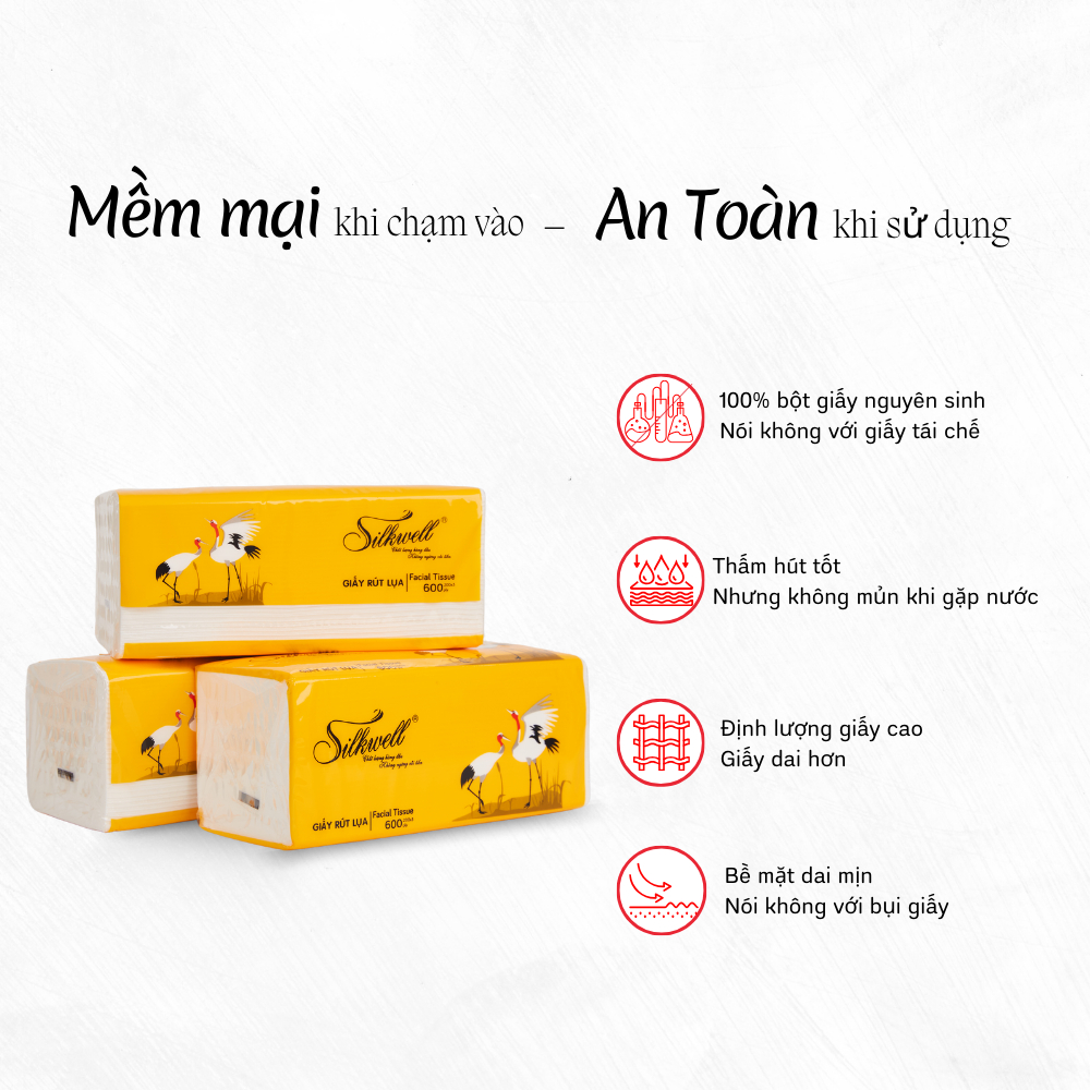 Combo 9 gói khăn giấy ăn rút Silkwell Sếu 200 tờ 3 lớp dai mịn, an toàn cho cả gia đình