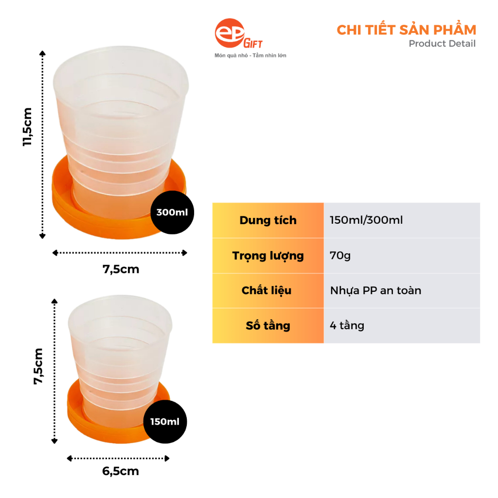 Cốc Nhựa Uống Nước Gấp Gọn Epvina Gift Dung Tích 150ml/300ml