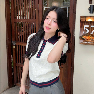 Áo len polo cộc tay cho nữ mùa hè phối cổ đức cài khuy chất len lông thỏ dệt trám PL23 DELIZ