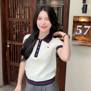 Áo len polo cộc tay cho nữ mùa hè phối cổ đức cài khuy chất len lông thỏ dệt trám PL23 DELIZ