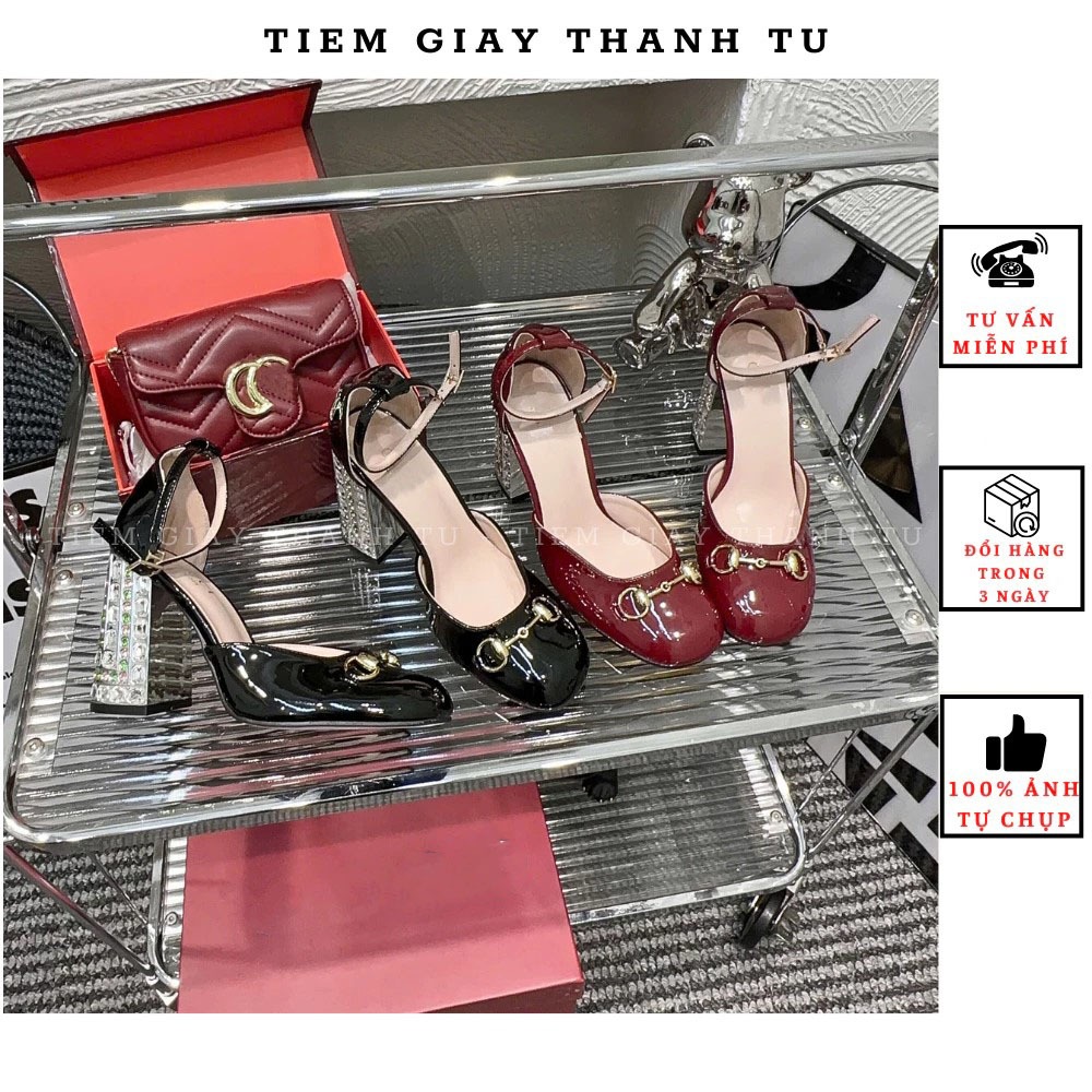 2 Sandal cao gót nữ da bóng mềm gót trụ 8p đính đá khuy cài cổ hàng QCCC fullbox ( FOM 1,5 chân gầy di lùi size)