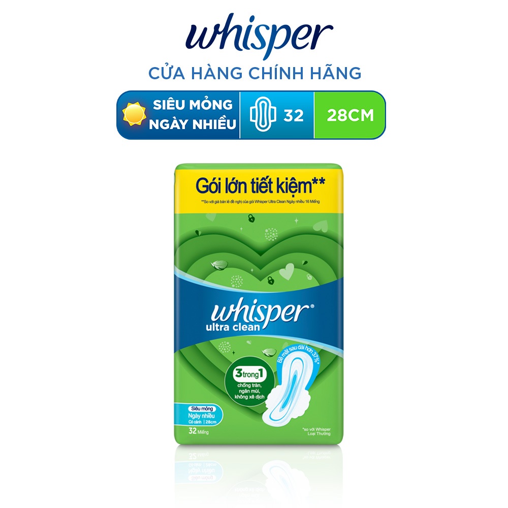 Ảnh Băng Vệ Sinh WHISPER Ultra Siêu Mỏng Cho Ngày Nhiều 28 CM - Gói 32 Miếng 1