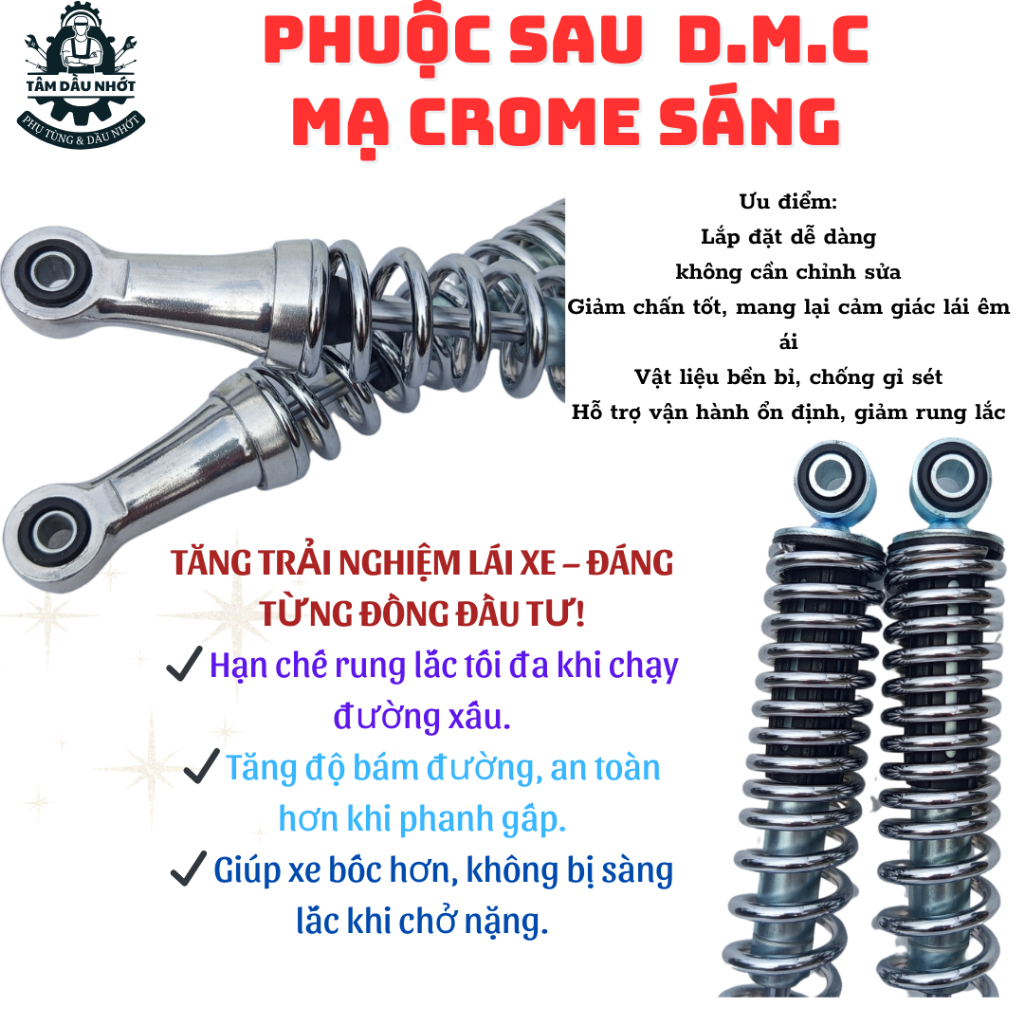 Phuộc sau Kiểu FUTURE NEO Mạ Crom, ty dầu 10ly, chân nhôm sáng bóng, lò xo chịu lực 200kg, đi êm