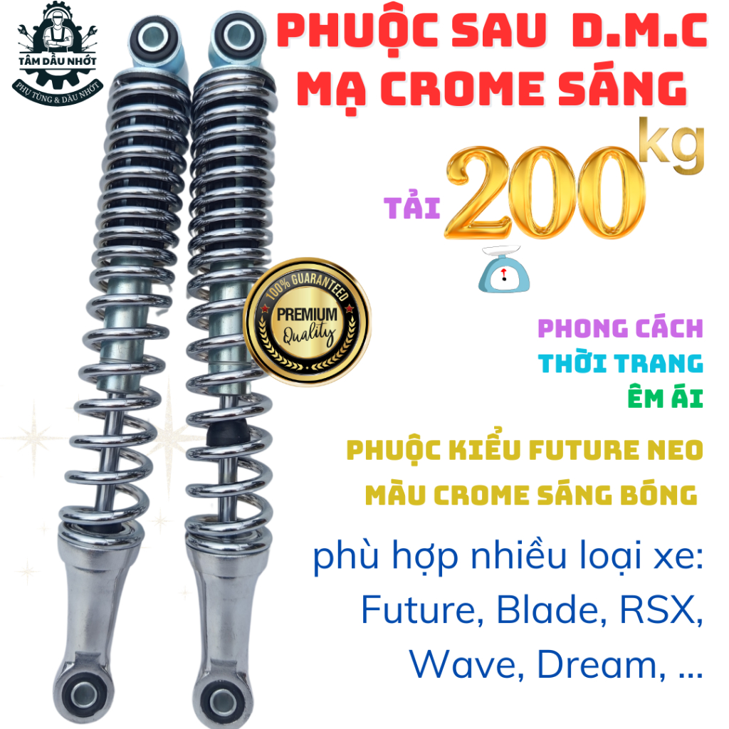 Phuộc sau Kiểu FUTURE NEO Mạ Crom, ty dầu 10ly, chân nhôm sáng bóng, lò xo chịu lực 200kg, đi êm
