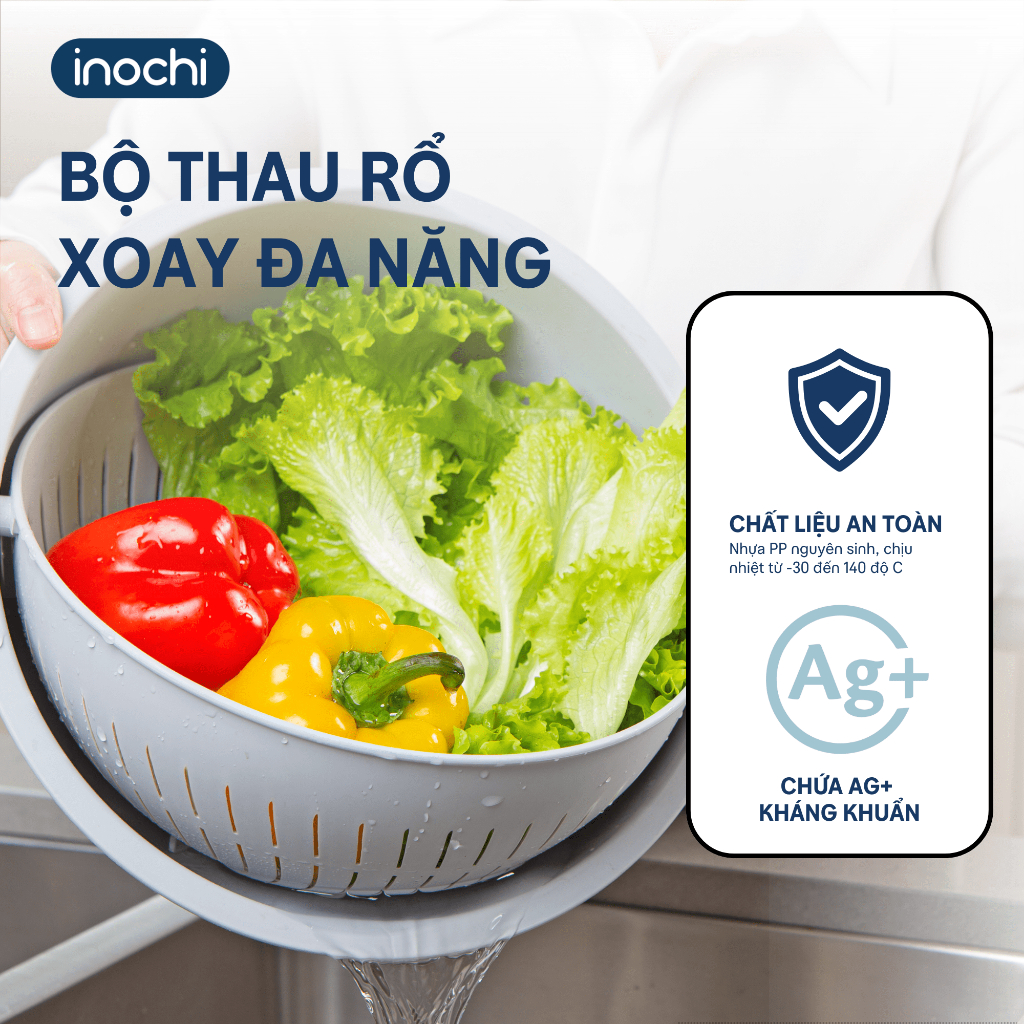 Bộ thau rổ xoay đa năng Inochi - 28 cm màu Hồng/Xanh/Ghi