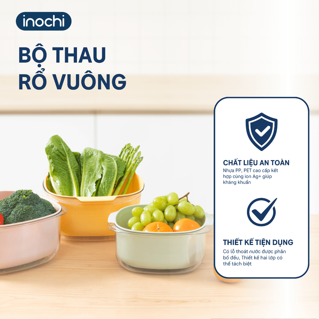 Bộ thau rổ vuông Inochi - Yoko, hai lớp đựng trái cây, rau củ siêu xinh ...