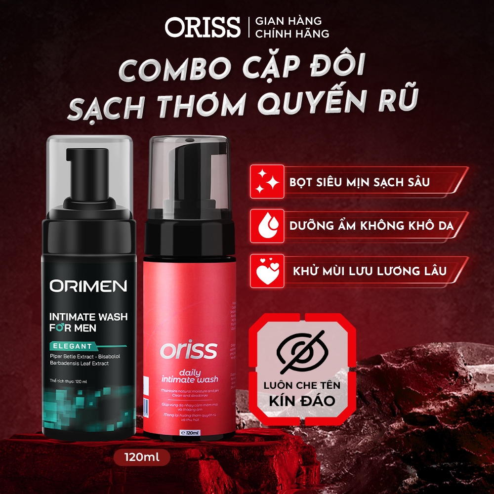 Combo cặp đôi Dung dịch vệ sinh nam dạng bọt Orimen và Oriss Daily Intimate cho nữ hương nước hoa quyến rũ chai 120ml
