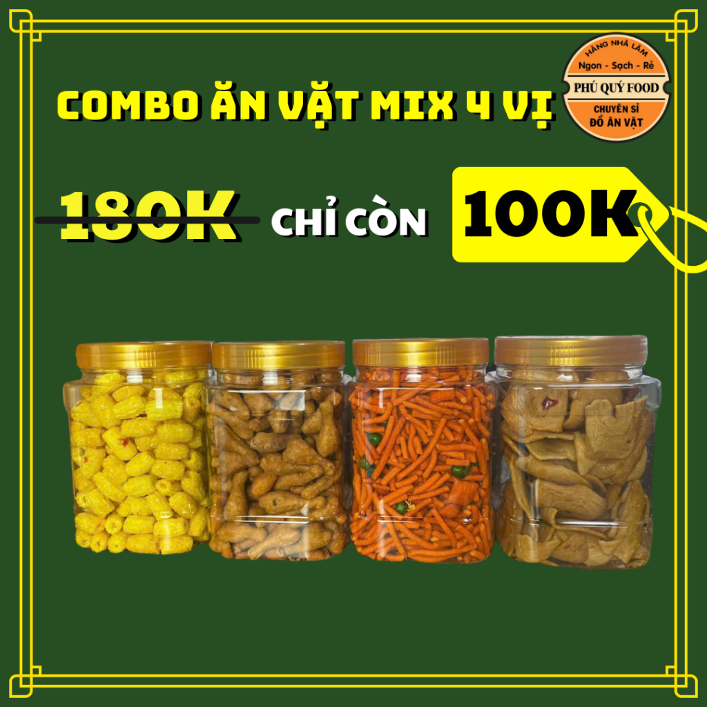 Combo snack ăn vặt 4 Vị -  [Bimbim Que + Nui Chiên Bơ + Snack Đùi Gà Bơ Cay + Tai Heo Mắm] - Phú Quý Food