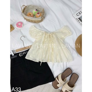 Áo kiểu babydoll dáng ngắn viền cổ thắt nơ dễ thương LAVIAN A33
