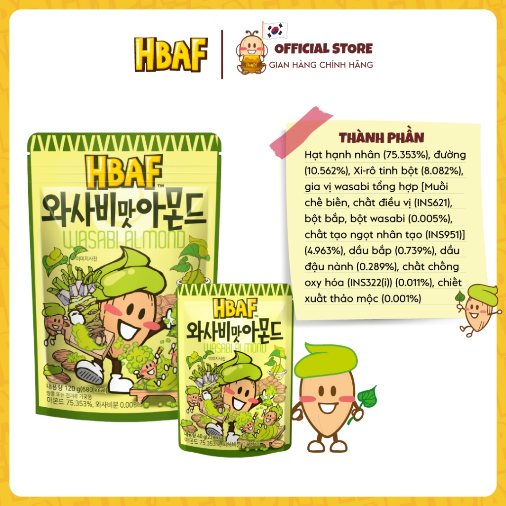 🔥[ĐƠN 450k Tặng 1 Túi Phao Mogu]🔥Thùng 72 Gói Hạt Hạnh Nhân Tẩm Vị HBAF Hàn Quốc Ăn Vặt Tiện Lợi Dinh Dưỡng Healthy 40G