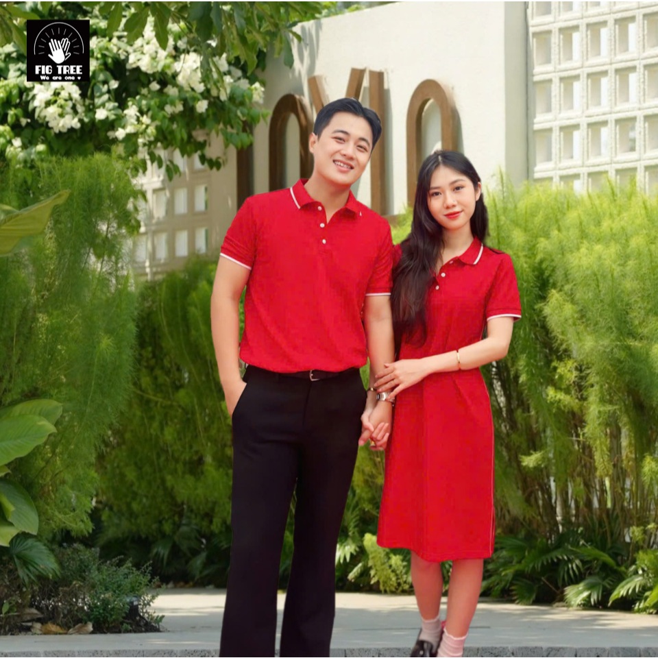 Set Áo Váy Nam Nữ Fig Tree Thun Polo Cá Sấu Màu Đỏ Tươi Sáng, Hàng thiết kế, nhiều size, chất đẹp