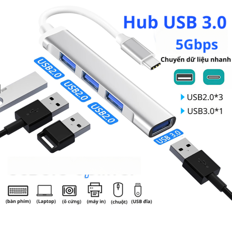Hub USB type C USB 3.0 sang 4 cổng USB 3.0 hỗ trợ cổng nguồn Micro USB Cho Laptop Máy Tính