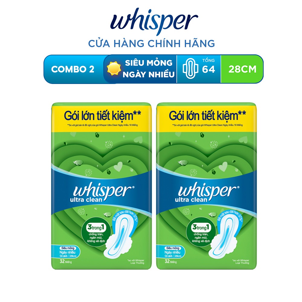 Ảnh Combo 2 Băng Vệ Sinh WHISPER Ultra Siêu Mỏng Cho Ngày Nhiều 28 CM - Gói 32 Miếng 1