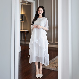 SWANLAKE | Váy Đầm Nữ Suông Vạt Chéo Tay Lỡ Chất Tơ Xốp Nhiều Tầng Phồng Lót Lụa Hàn Dự Tiệc D12062