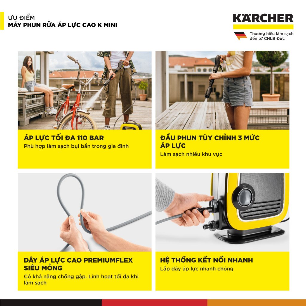 Máy phun rửa áp lực cao Karcher K Mini - Công suất 1400W, áp lực tối đa 110 bar nhỏ gọn - Bảo hành 24 tháng