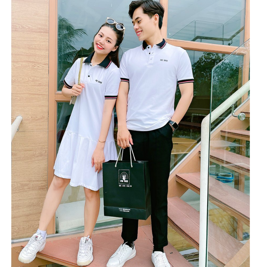 Set Áo Váy Đôi Fig Tree  Thun Polo Cá Sấu Cao Cấp Màu Trắng Hàng thiết kế trẻ trung, full size