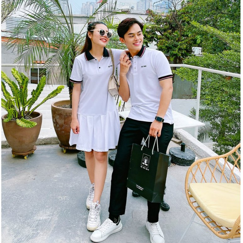 Set Áo Váy Đôi Fig Tree  Thun Polo Cá Sấu Cao Cấp Màu Trắng Hàng thiết kế trẻ trung, full size