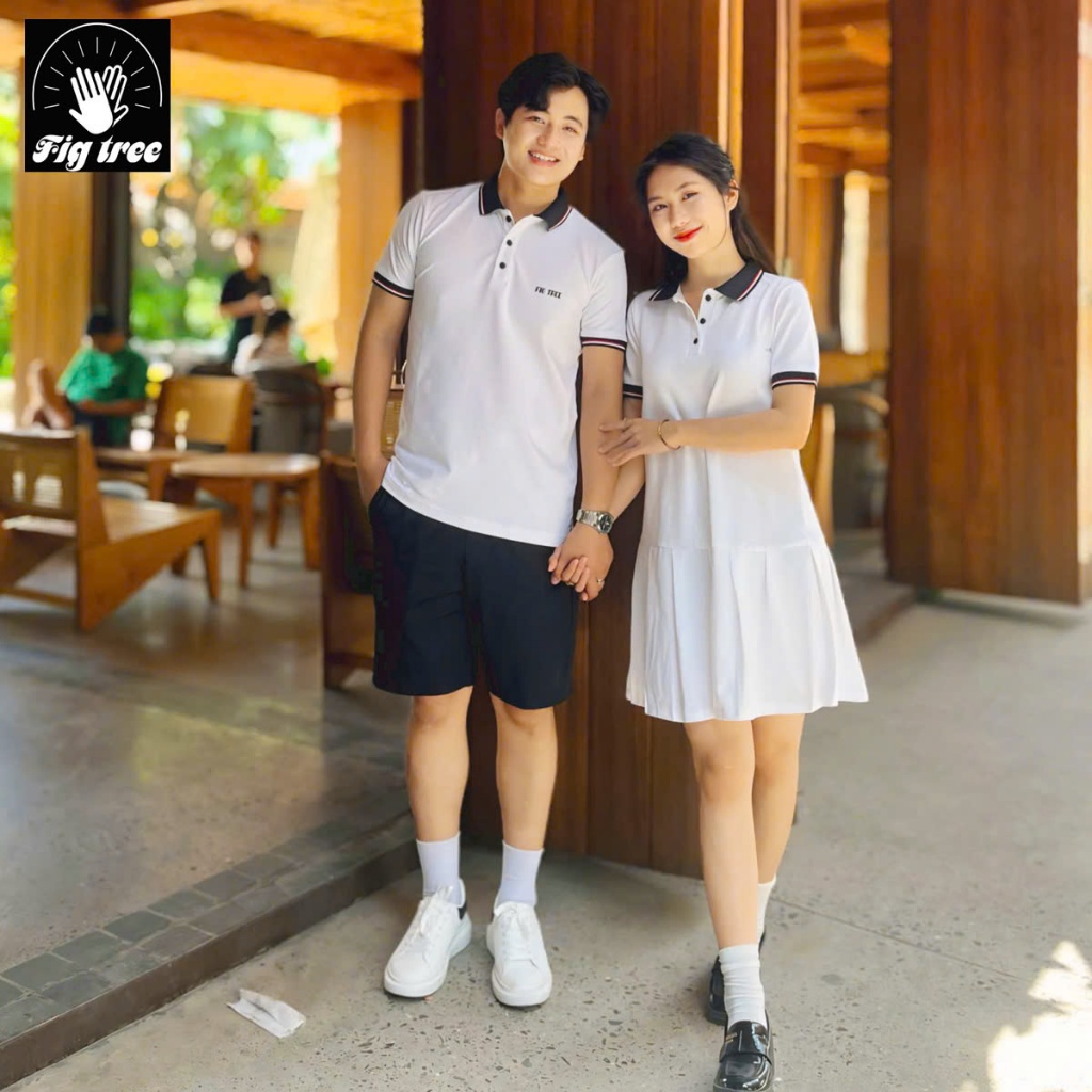 Set Áo Váy Đôi Fig Tree  Thun Polo Cá Sấu Cao Cấp Màu Trắng Hàng thiết kế trẻ trung, full size