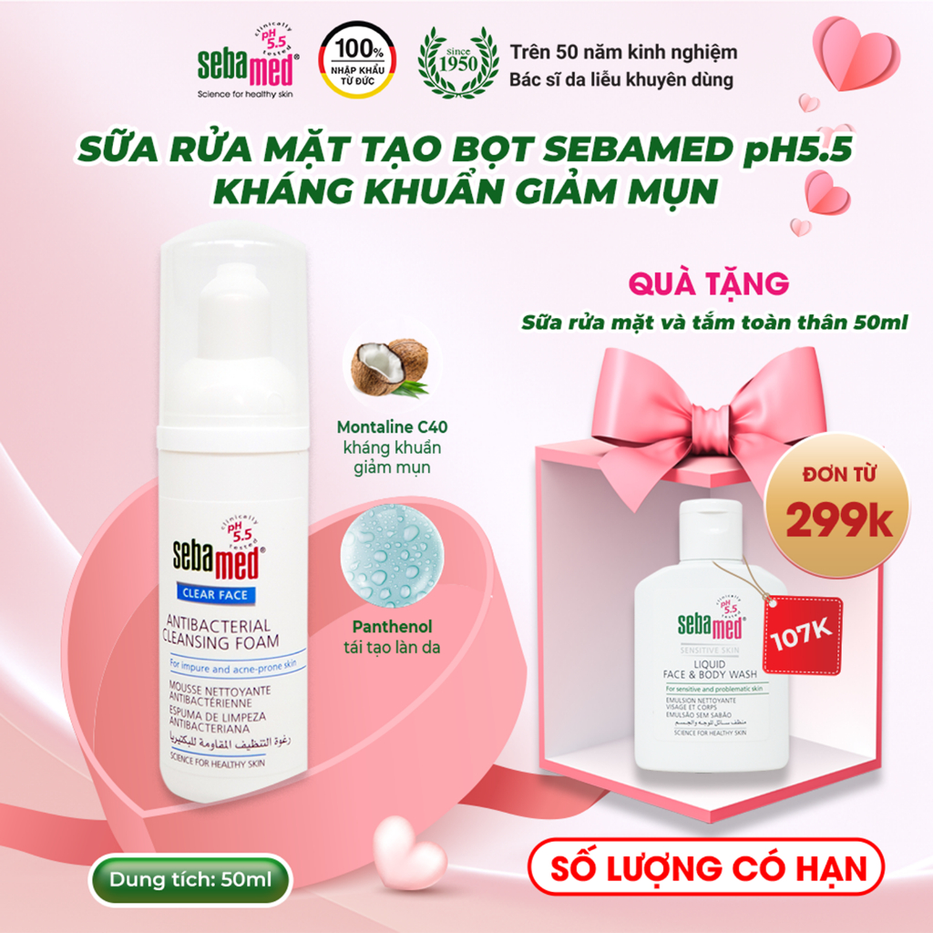 Ảnh Sữa rửa mặt tạo bọt kháng khuẩn giảm mụn Sebamed Antibacterial Cleansing Foam pH5.5 (50ml) 1