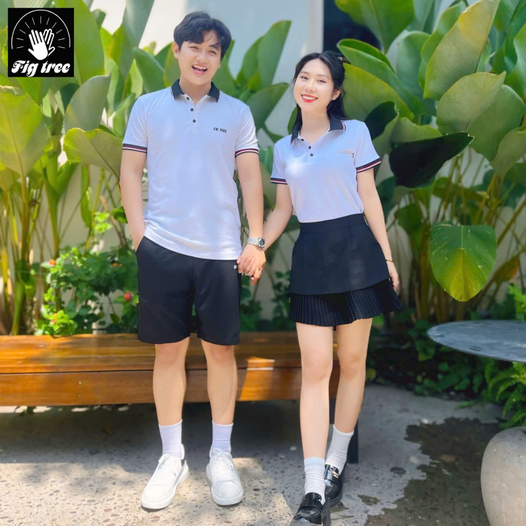 Set Áo Thun Đôi Polo Cao Cấp Fig Tree Màu Trắng Bo Viền  ( Hàng thiết kế Fullsize đến 110kg)