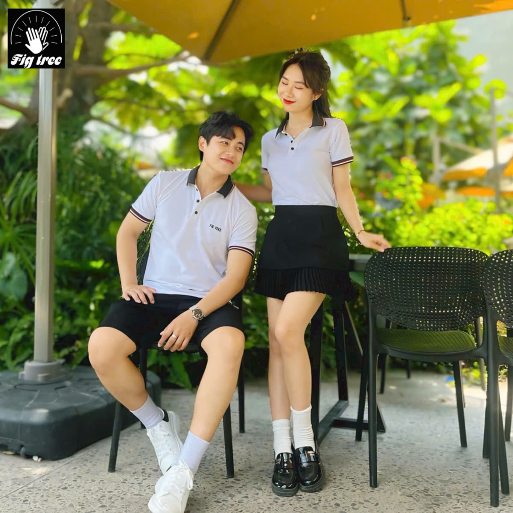 Set Áo Thun Đôi Polo Cao Cấp Fig Tree Màu Trắng Bo Viền  ( Hàng thiết kế Fullsize đến 110kg)